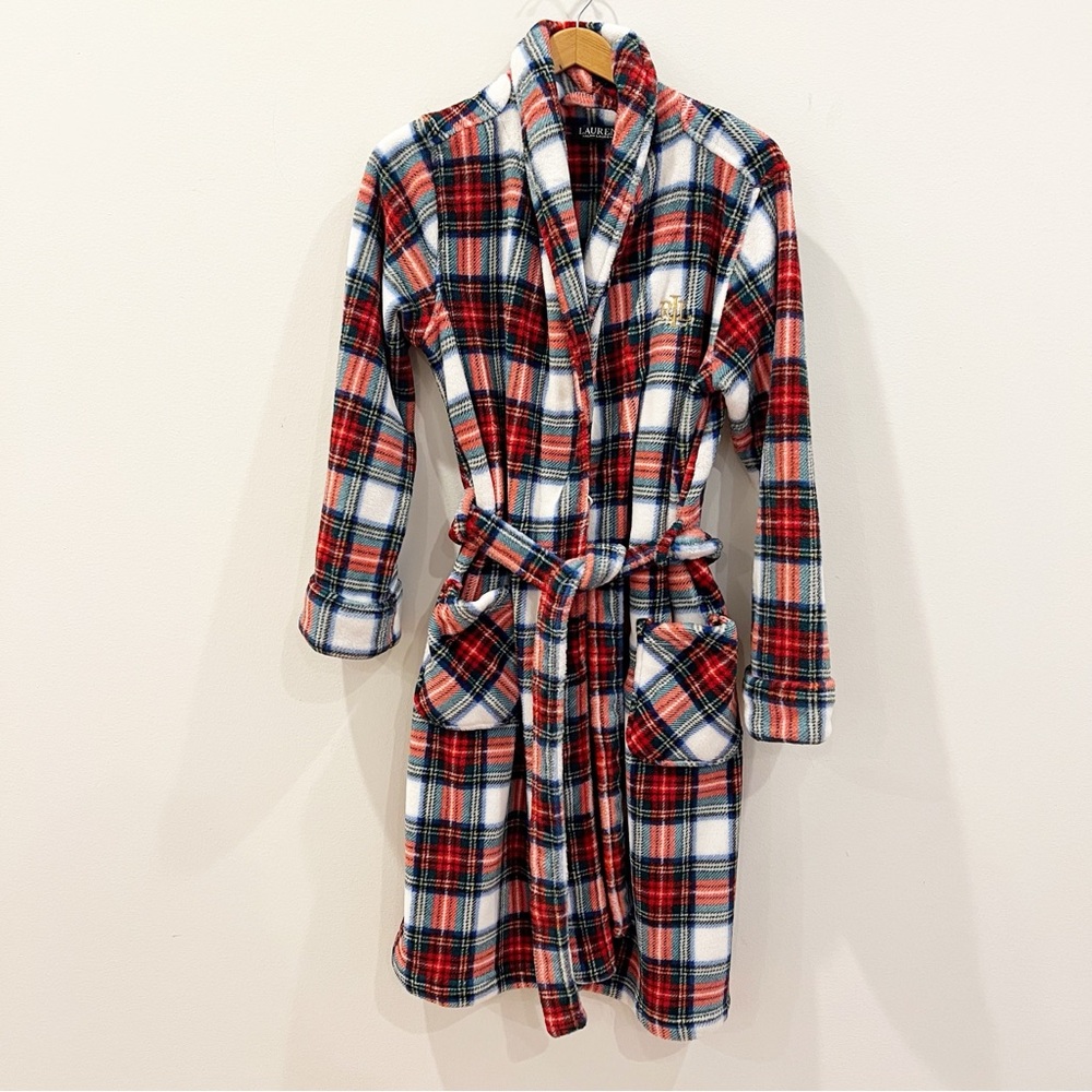 Lauren Ralph Lauren Bathrobe Womens Medium Red Plaid Cozy Belted Pockets Logo